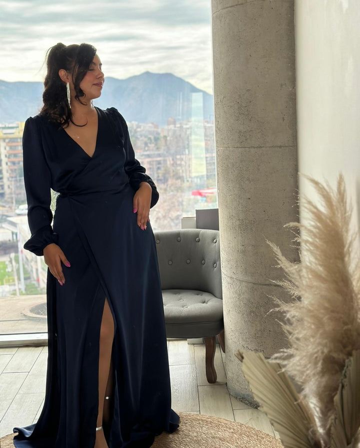 Vestido De Fiesta Largo Colomba Manga Larga Azul Oscuro