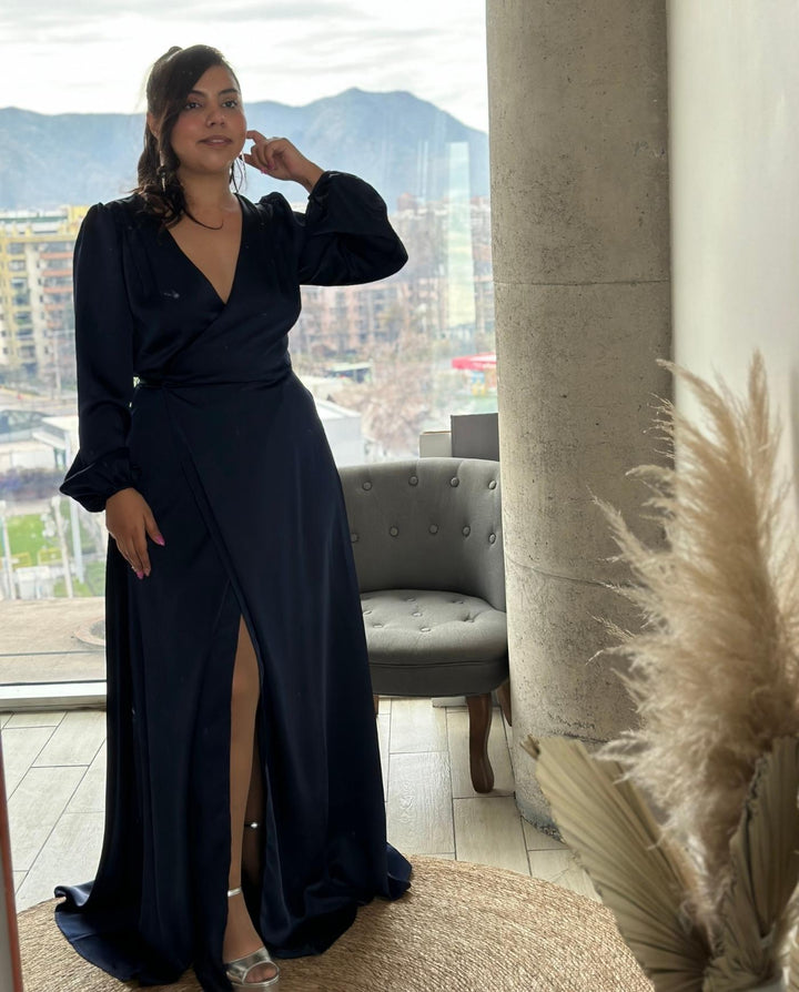 Vestido De Fiesta Largo Colomba Manga Larga Azul Oscuro
