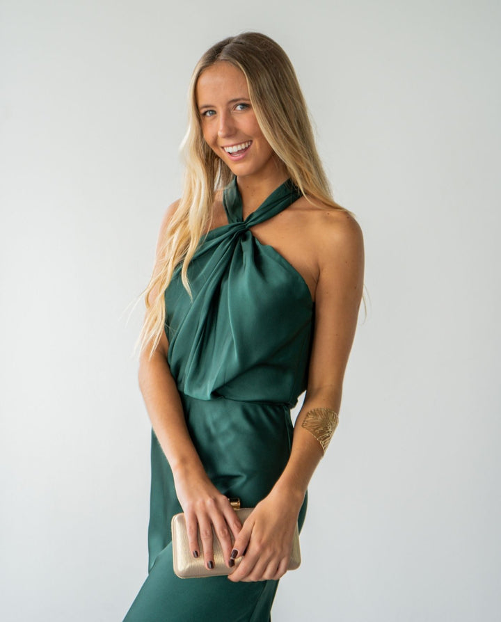 Vestido Largo de Fiesta Sofía Halter Verde Oscuro