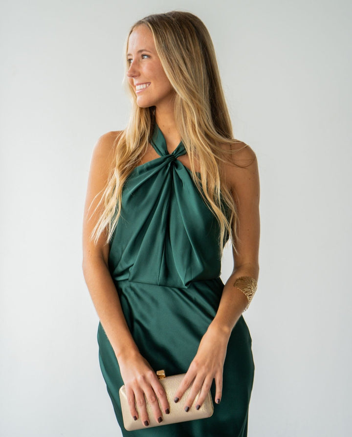 Vestido Largo de Fiesta Sofía Halter Verde Oscuro