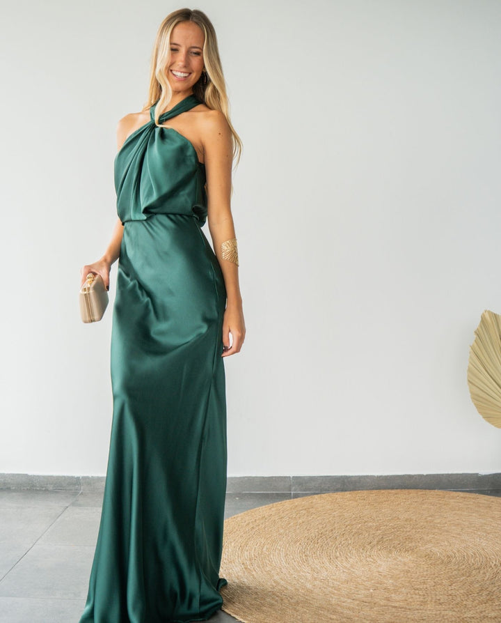 Vestido Largo de Fiesta Sofía Halter Verde Oscuro