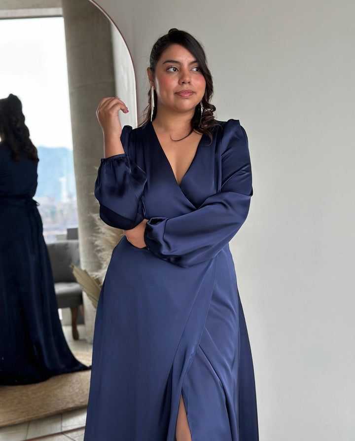 Vestido De Fiesta Largo Colomba Manga Larga Azul Oscuro