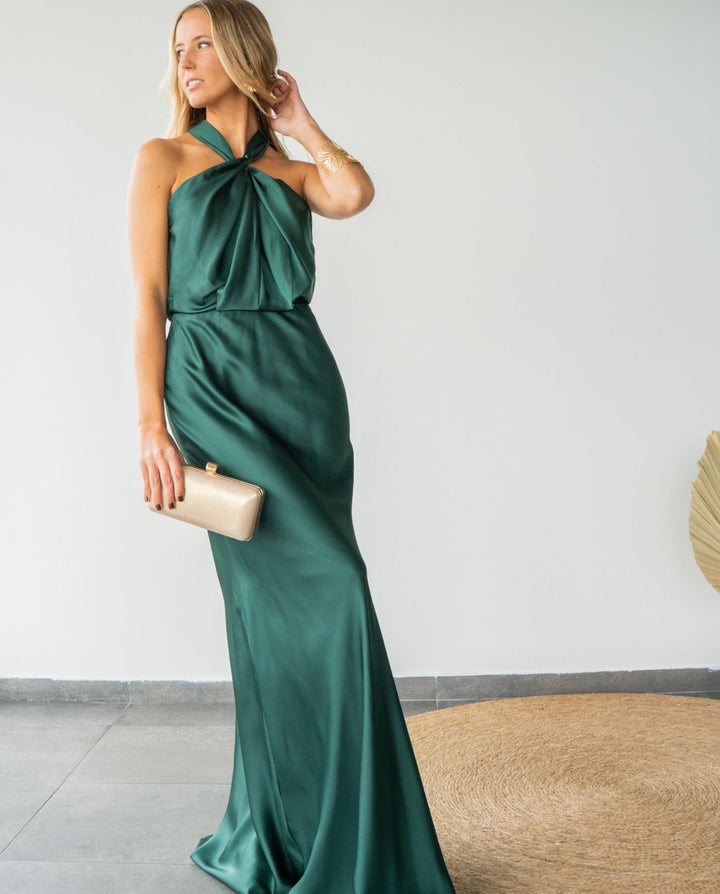 Vestido Largo de Fiesta Sofía Halter Verde Oscuro