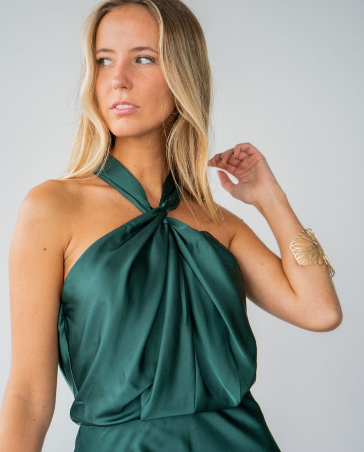 Vestido Largo de Fiesta Sofía Halter Verde Oscuro