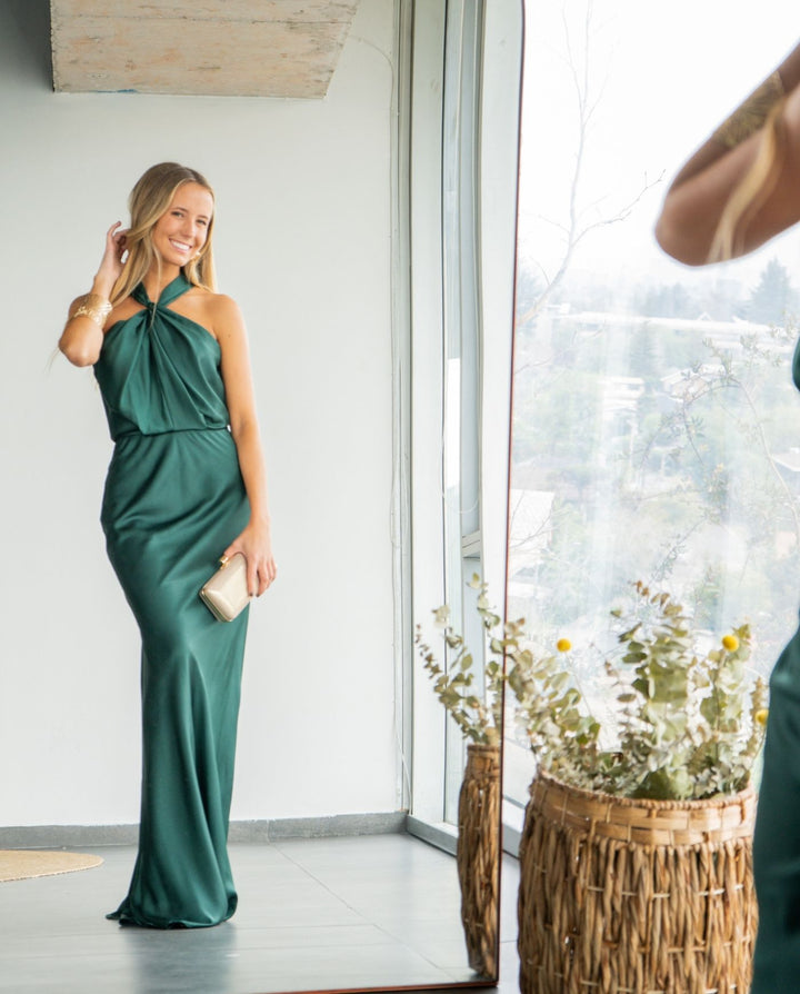 Vestido Largo de Fiesta Sofía Halter Verde Oscuro