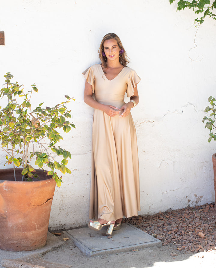 Vestido Largo de Fiesta Isa Dorado Claro