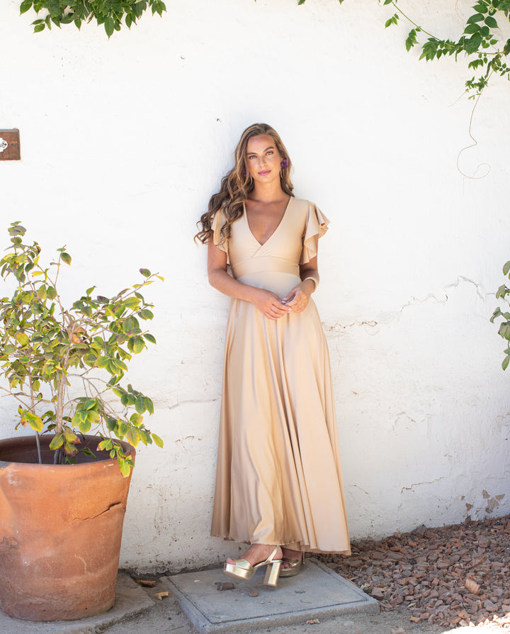 Vestido Largo de Fiesta Isa Dorado Claro