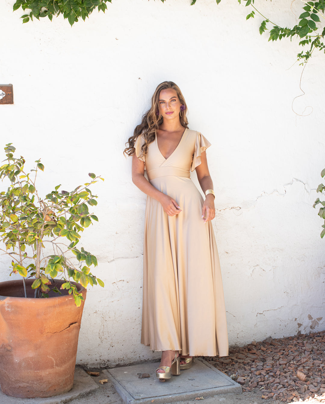 Vestido Largo de Fiesta Isa Dorado Claro