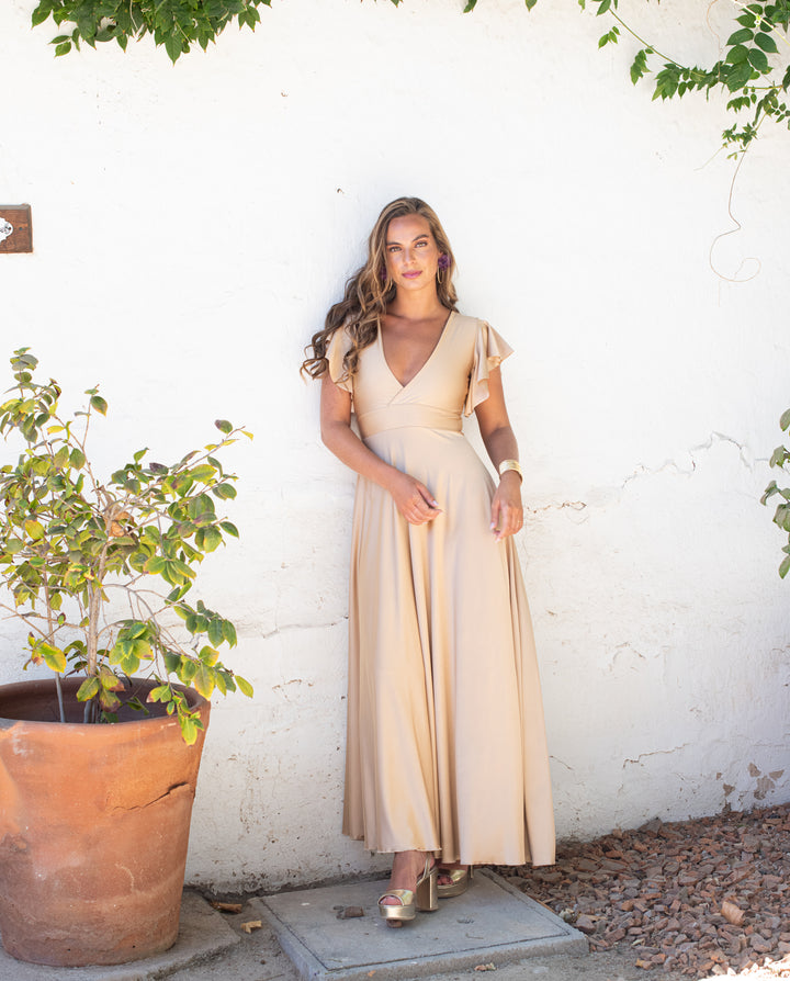 Vestido Largo de Fiesta Isa Dorado Claro