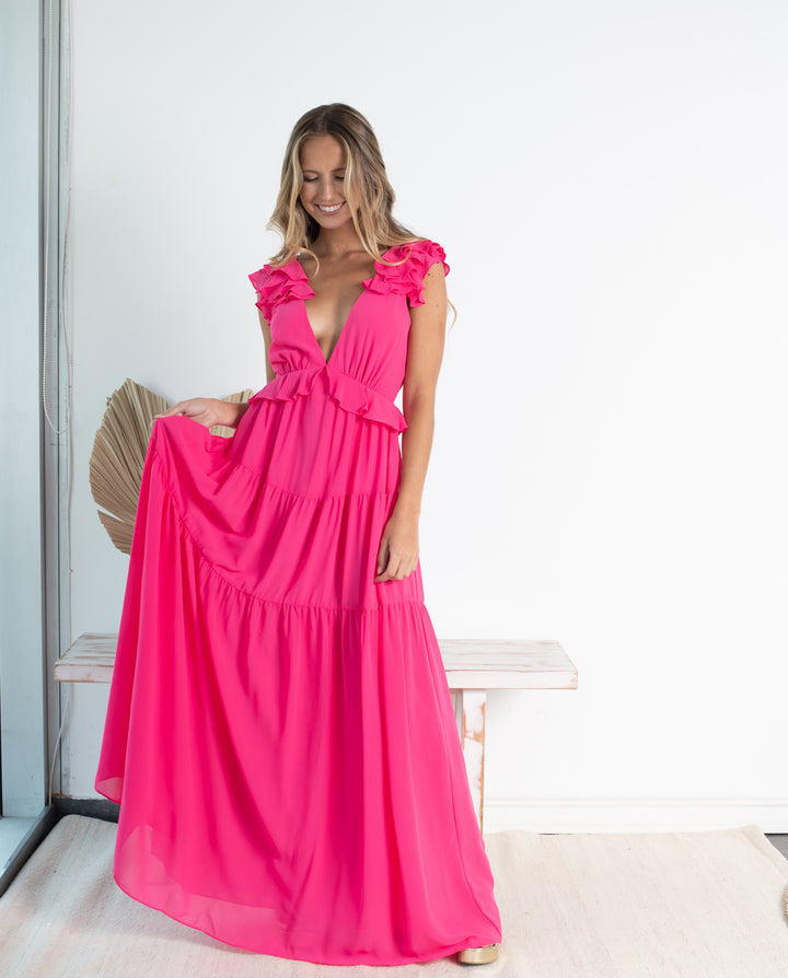 VESTIDO DE FIESTA LARGO DANAE FUCSIA