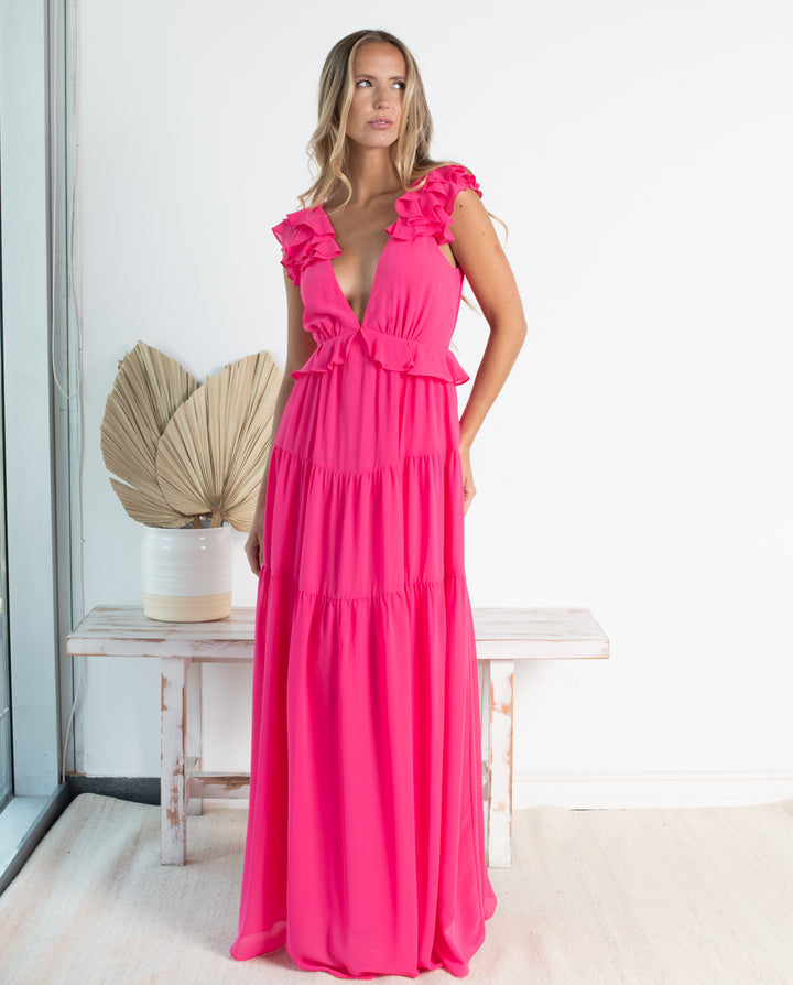 VESTIDO DE FIESTA LARGO DANAE FUCSIA