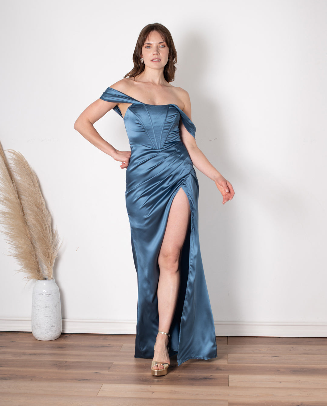 Vestido Largo de Fiesta Mera Corset Azul Piedra