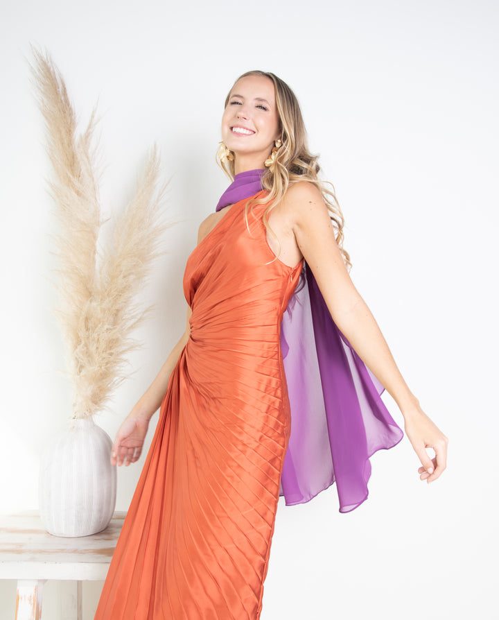 Vestido de Fiesta Largo Lucía un Hombro Terracota