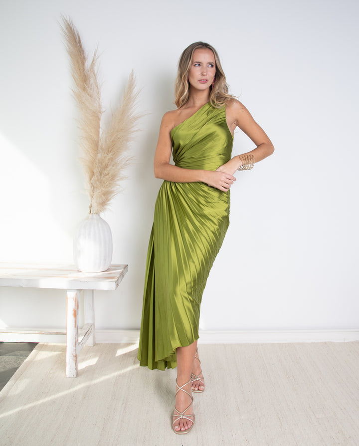 Vestido de Fiesta Largo Lucía un Hombro Verde Limón