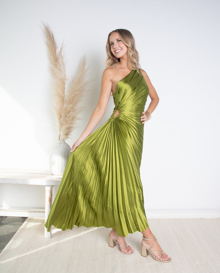 Vestido de Fiesta Largo Lucía un Hombro Verde Limón