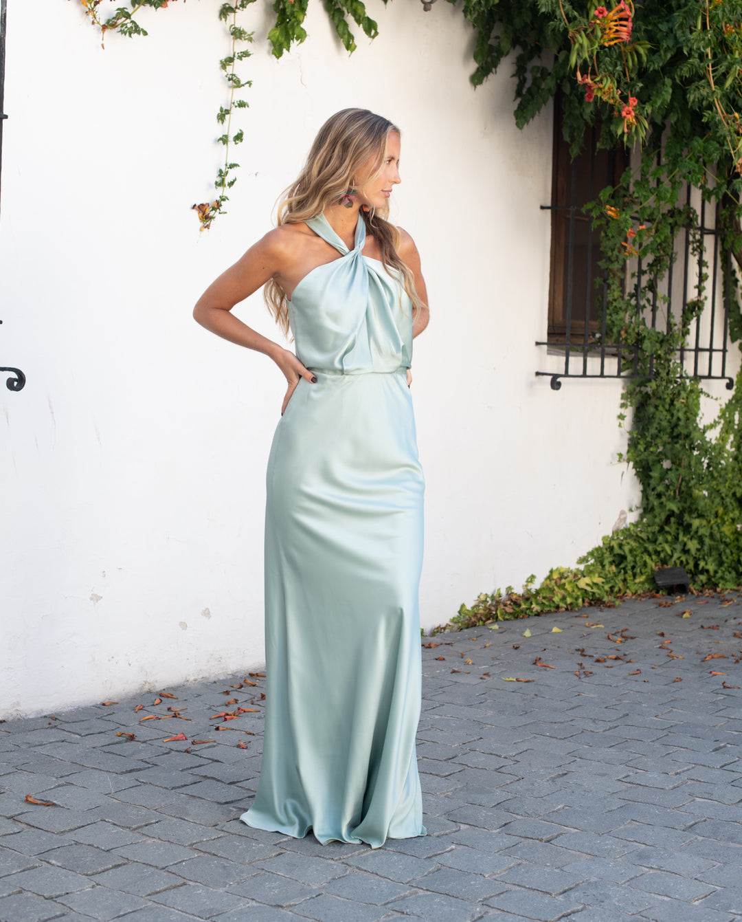 Vestido Largo de Fiesta Sofía Halter Salvia