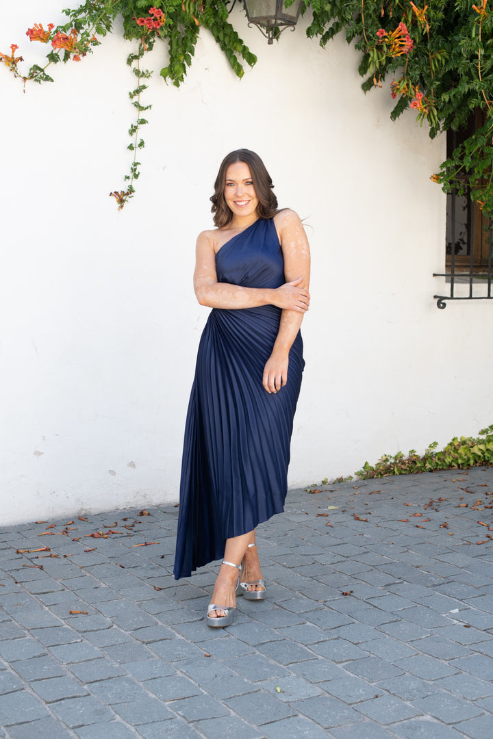 Vestido Largo de Fiesta Lucía un Hombro Azul Oscuro