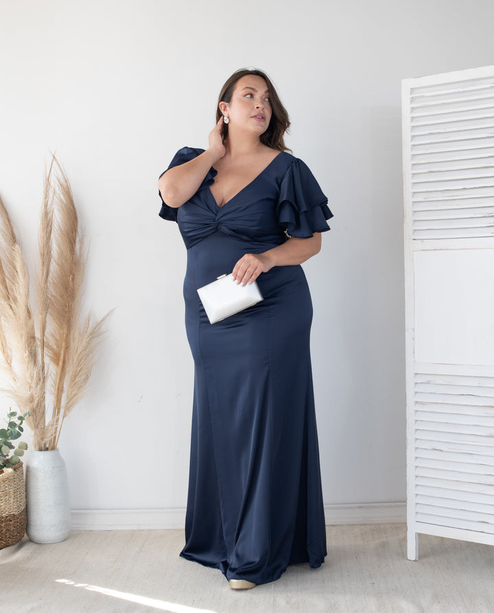Vestido Largo de Fiesta Noelia Satin Azul Oscuro