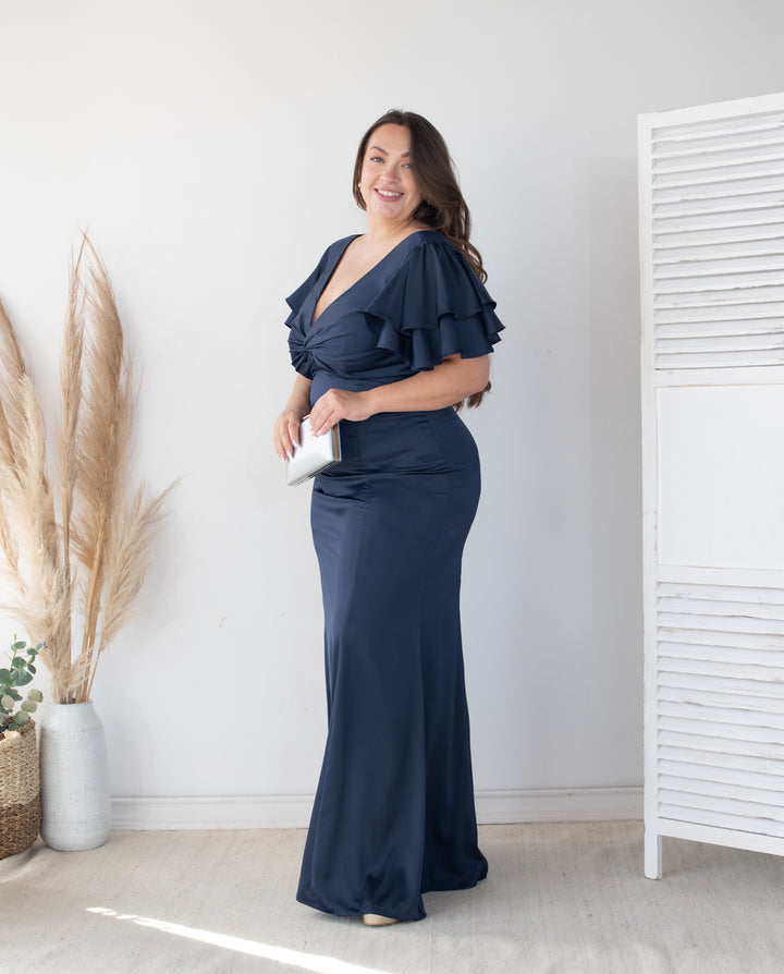 Vestido Largo de Fiesta Noelia Satin Azul Oscuro