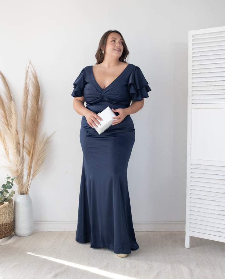 Vestido Largo de Fiesta Noelia Satin Azul Oscuro