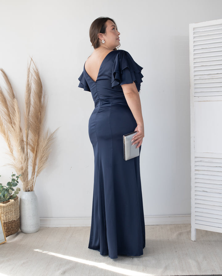 Vestido Largo de Fiesta Noelia Satin Azul Oscuro