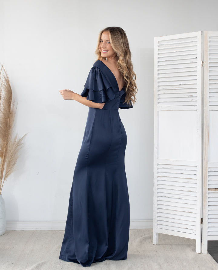 Vestido Largo de Fiesta Noelia Satin Azul Oscuro