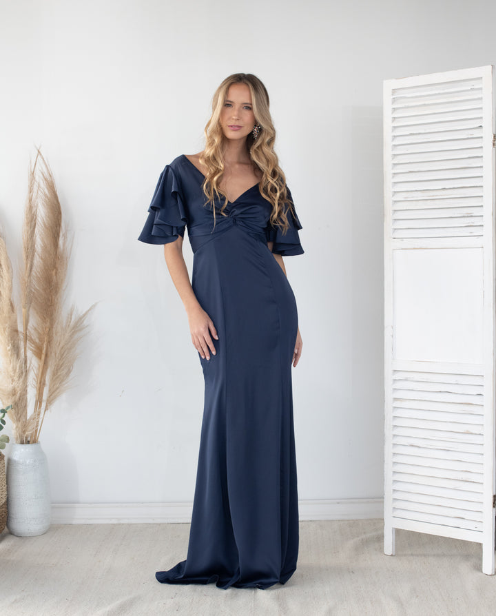 Vestido Largo de Fiesta Noelia Satin Azul Oscuro