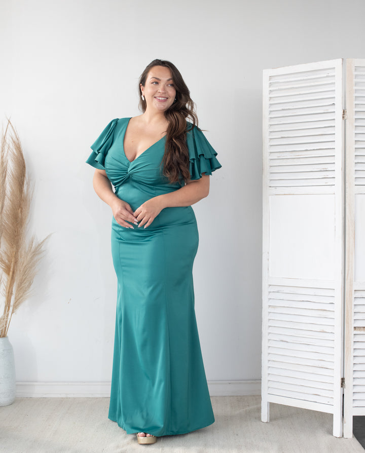 Vestido Largo de Fiesta Noelia Satin Verde Oscuro