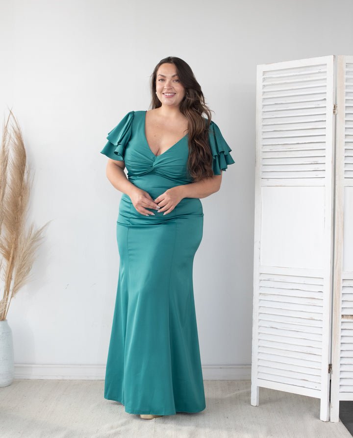 Vestido Largo de Fiesta Noelia Satin Verde Oscuro