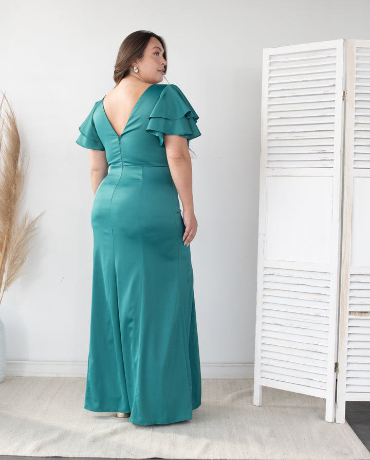 Vestido Largo de Fiesta Noelia Satin Verde Oscuro