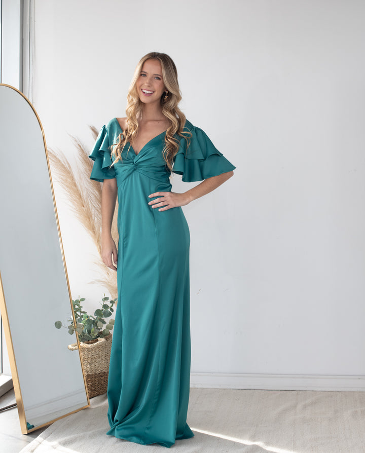 Vestido Largo de Fiesta Noelia Satin Verde Oscuro