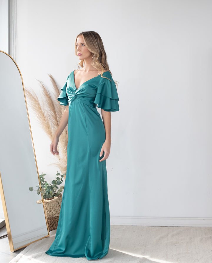Vestido Largo de Fiesta Noelia Satin Verde Oscuro