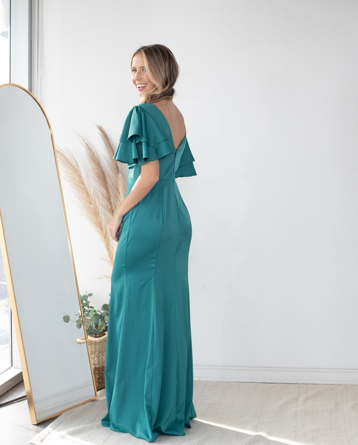 Vestido Largo de Fiesta Noelia Satin Verde Oscuro