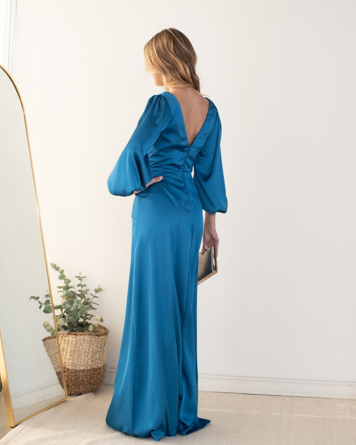 Vestido Largo de Fiesta Telma Manga Larga Turquesa