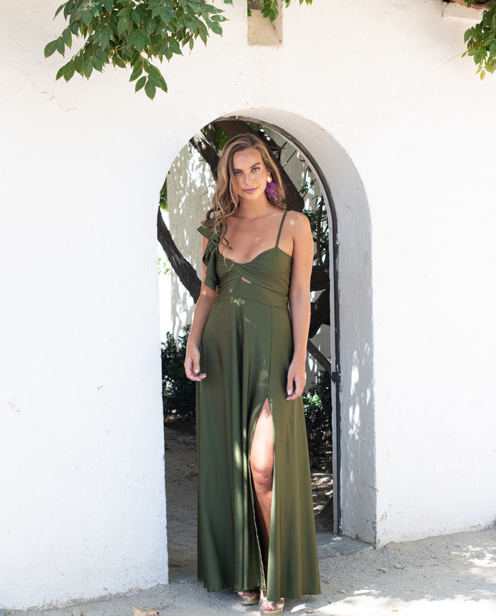 Vestido de Fiesta Sole un Hombro Verde Olivo
