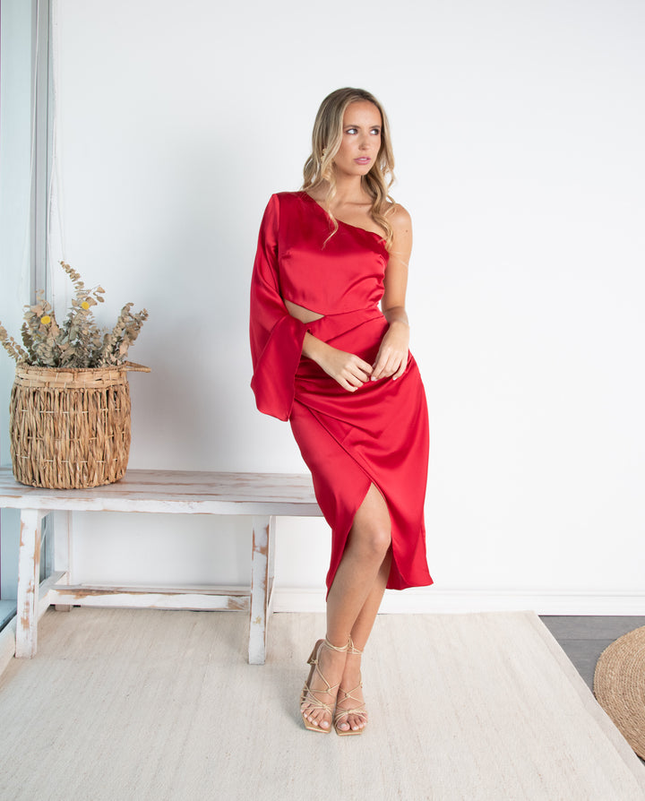 Vestido Midi de Fiesta Adriana Una Manga Rojo
