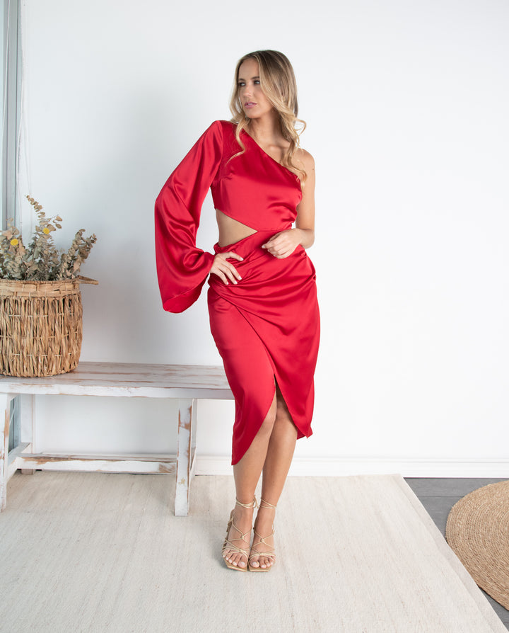 Vestido Midi de Fiesta Adriana Una Manga Rojo