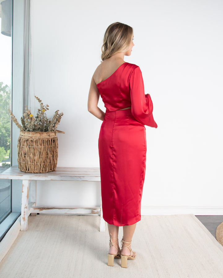 Vestido Midi de Fiesta Adriana Una Manga Rojo