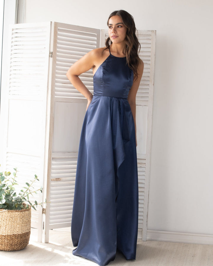 Vestido Largo de Fiesta Mariela Halter Azul Oscuro