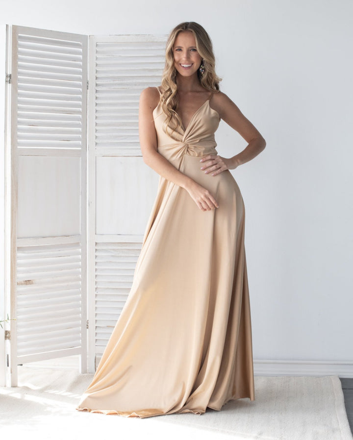 Vestido Largo de Fiesta Nudo Dorado Claro