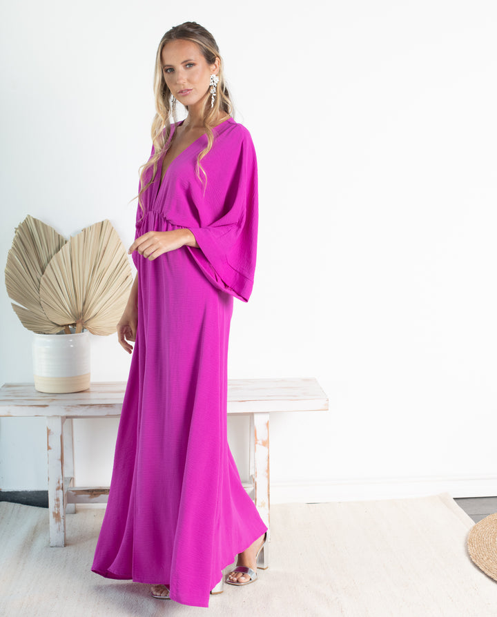 VESTIDO DE FIESTA LARGO POLA FUCSIA