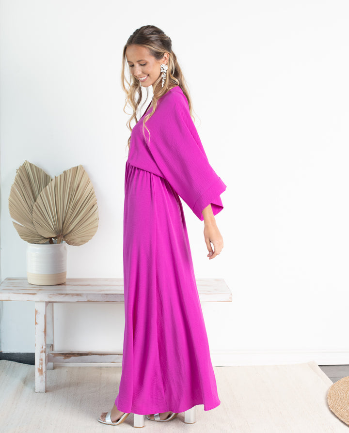 VESTIDO DE FIESTA LARGO POLA FUCSIA