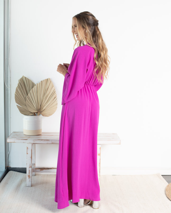 VESTIDO DE FIESTA LARGO POLA FUCSIA