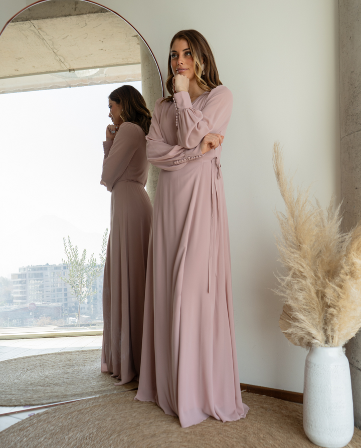 Vestido Largo De Fiesta Jacinta Manga Larga Palo Rosa