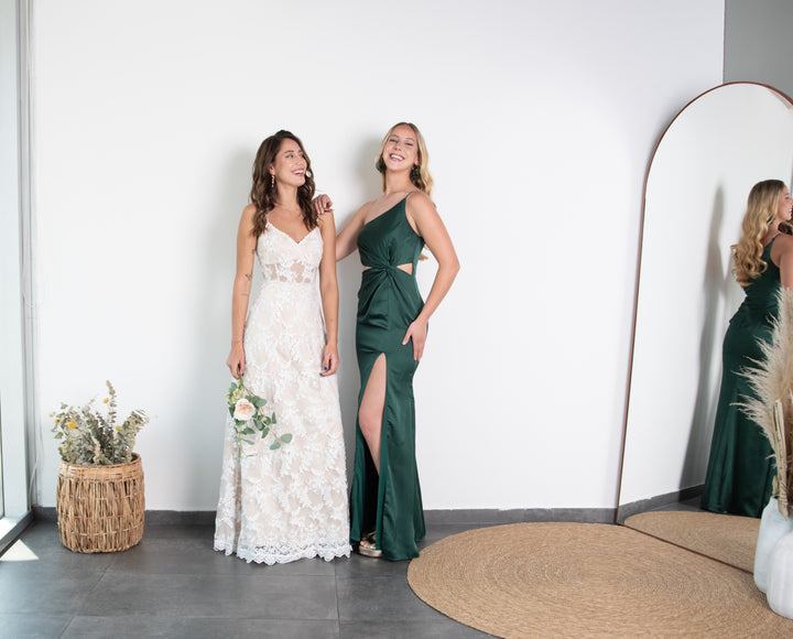 Vestido de Fiesta Largo Leire un Hombro Verde Oscuro