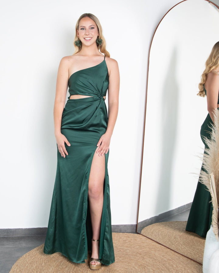 Vestido de Fiesta Largo Leire un Hombro Verde Oscuro