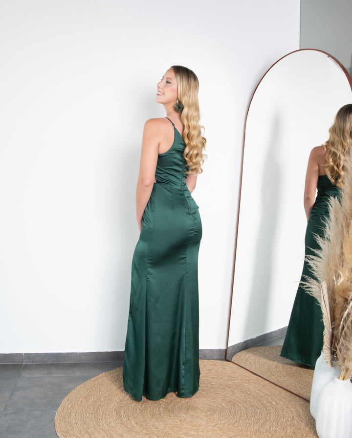 Vestido de Fiesta Largo Leire un Hombro Verde Oscuro