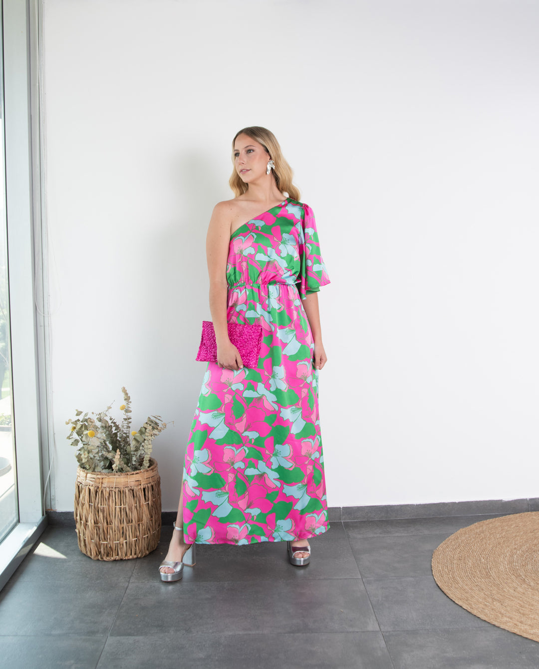 Vestido Largo de Fiesta Adara un Hombro Estampado Verde/Fucsia