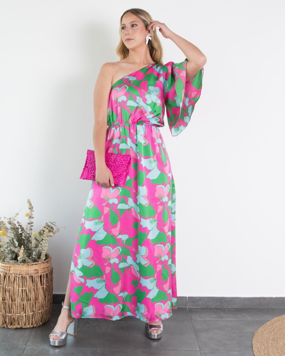 Vestido Largo de Fiesta Adara un Hombro Estampado Verde/Fucsia
