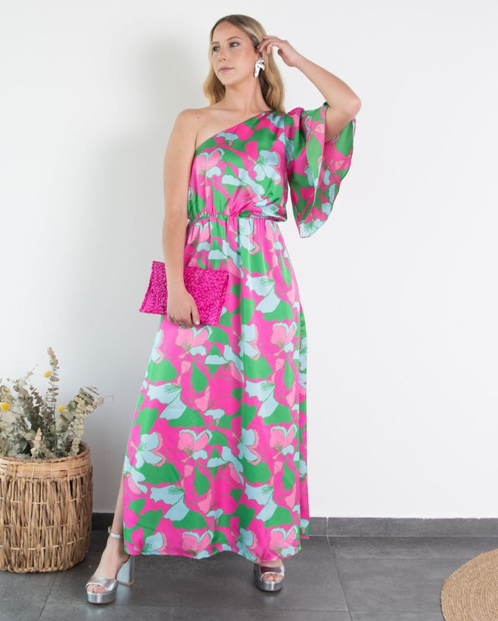 Vestido Largo de Fiesta Adara un Hombro Estampado Verde/Fucsia